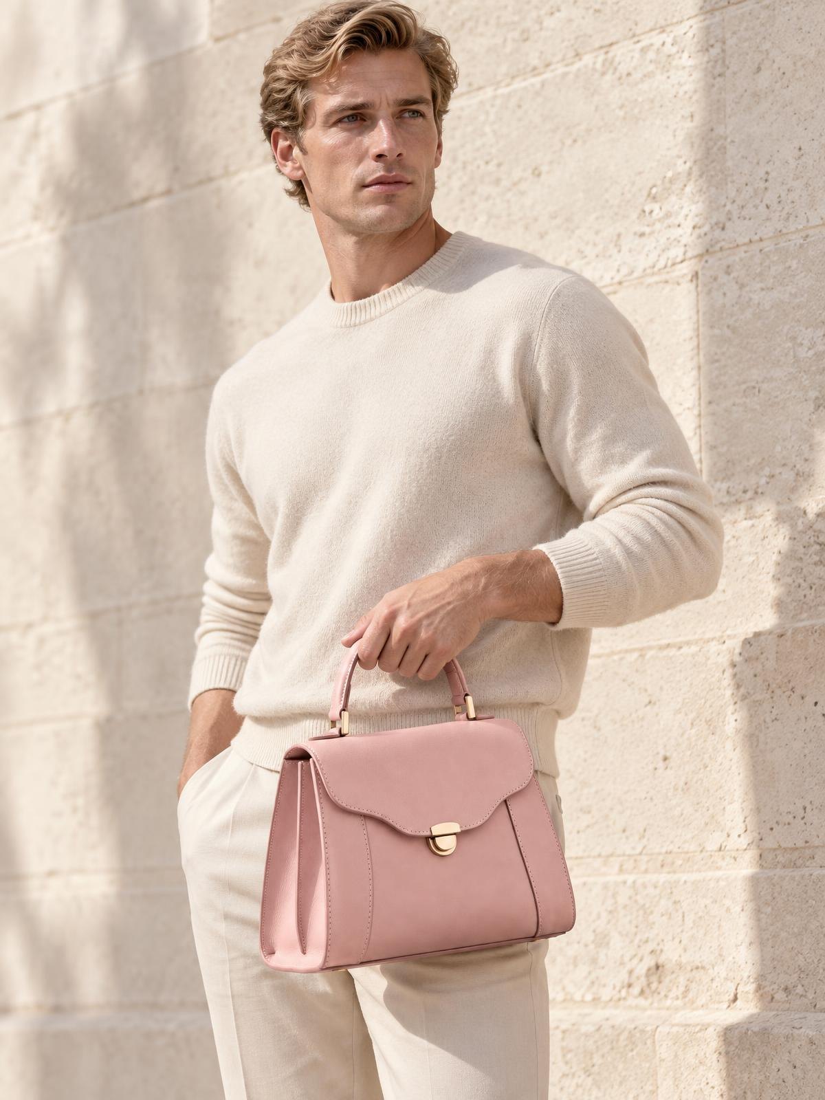 Objet Vide Sculptural Top Handle in blush pink — worn by a model