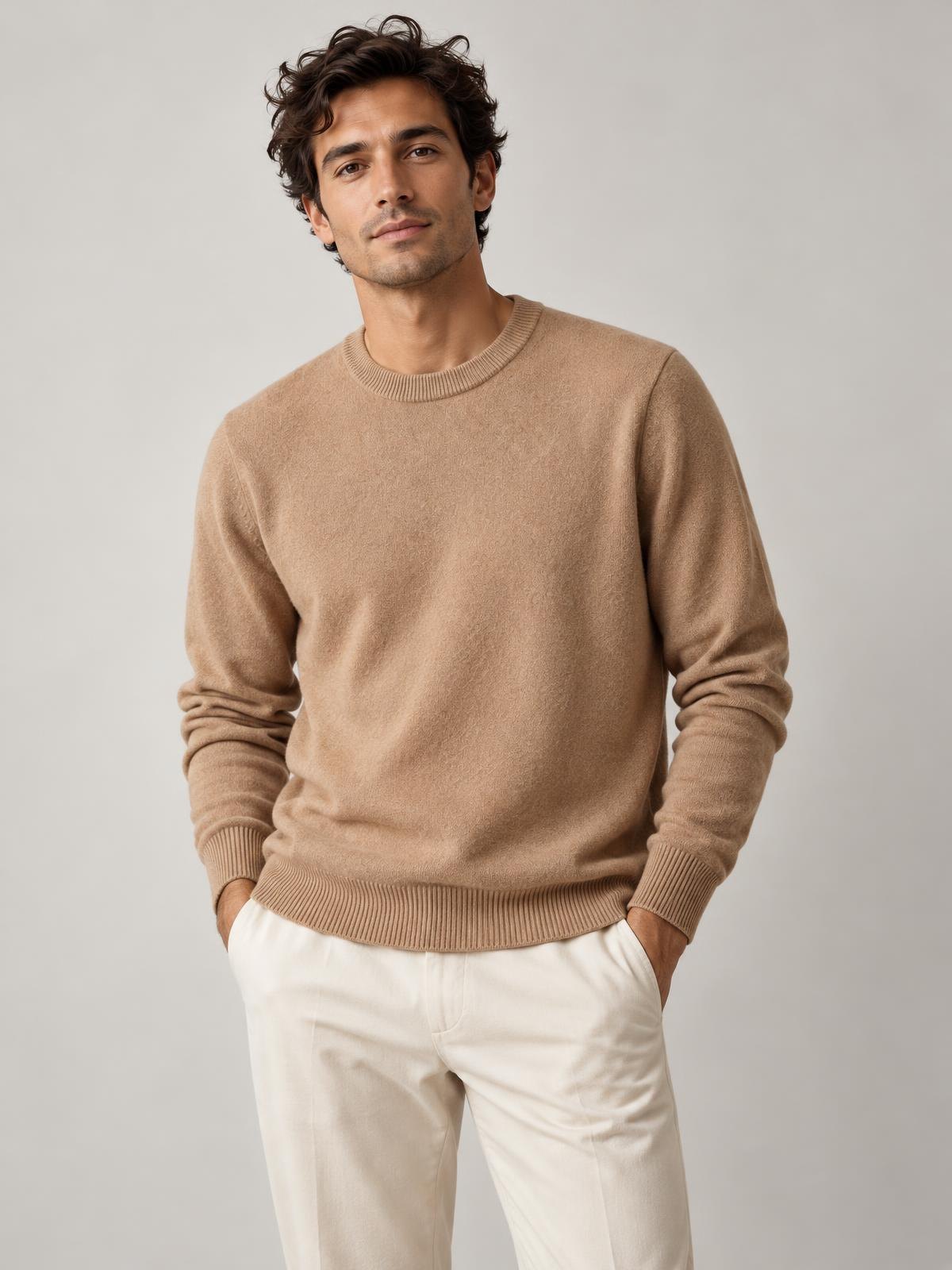 Numera Studio Merino Crew Knit in ecru worn by a model