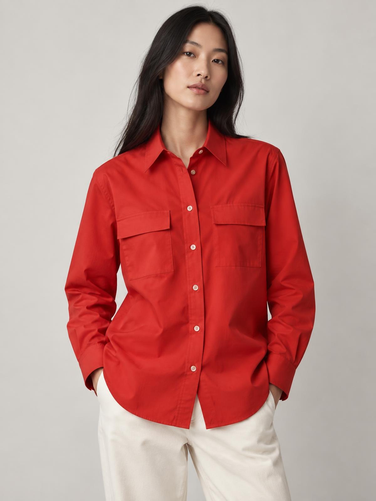 Numera Studio Poplin Overshirt in red worn by a model