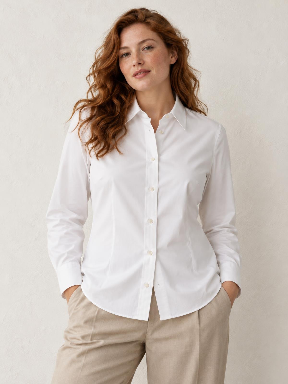 Numera Studio Essential Cotton Shirt in ecru worn by a model