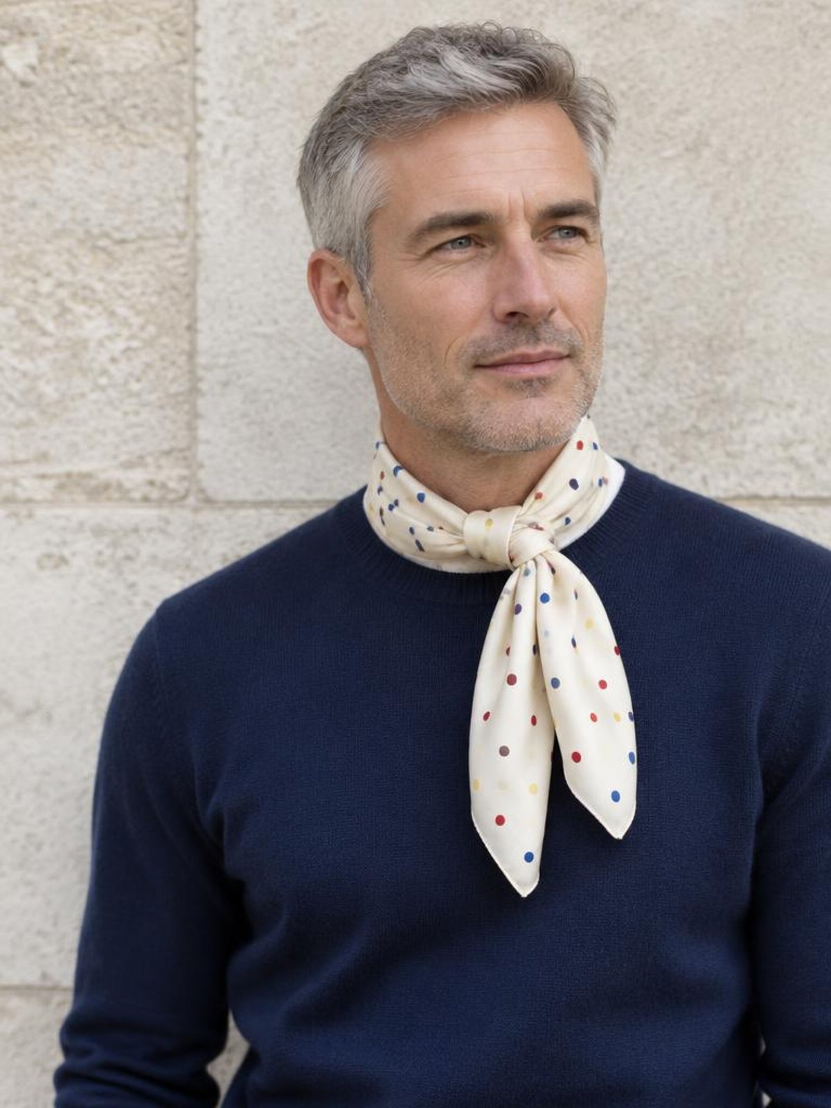 Salt Meridian Hand Rolled Silk Square in multicolour dot — worn by a model