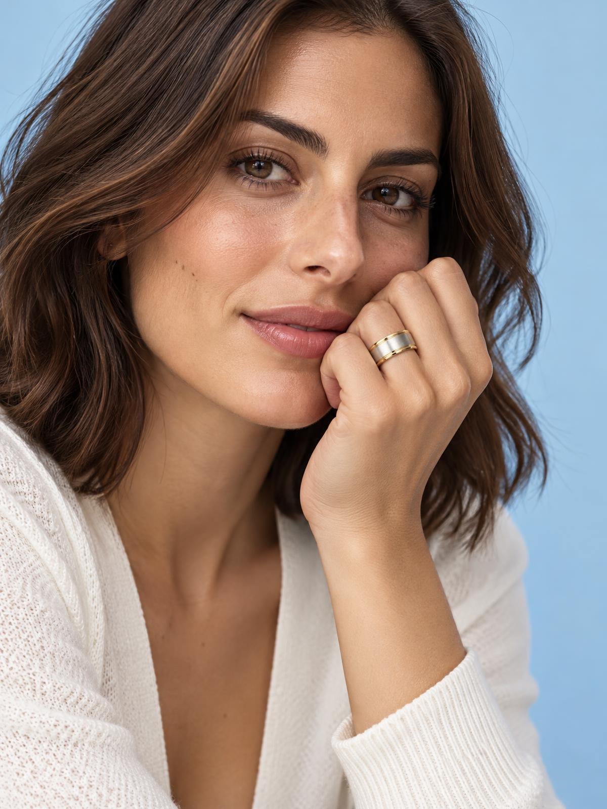 Halden Stone Wide Brushed Band in silver — worn by a model