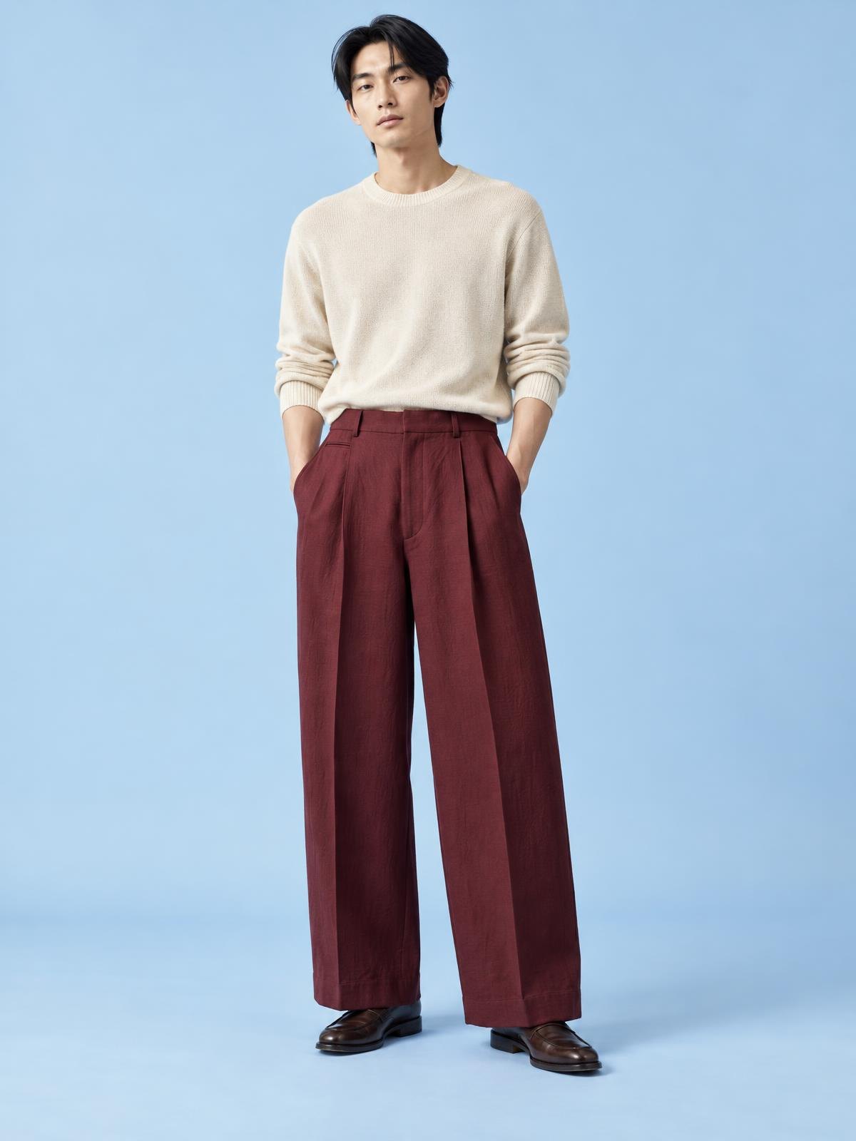Mirai Atelier Technical Hakama Trouser in burgundy worn by a model