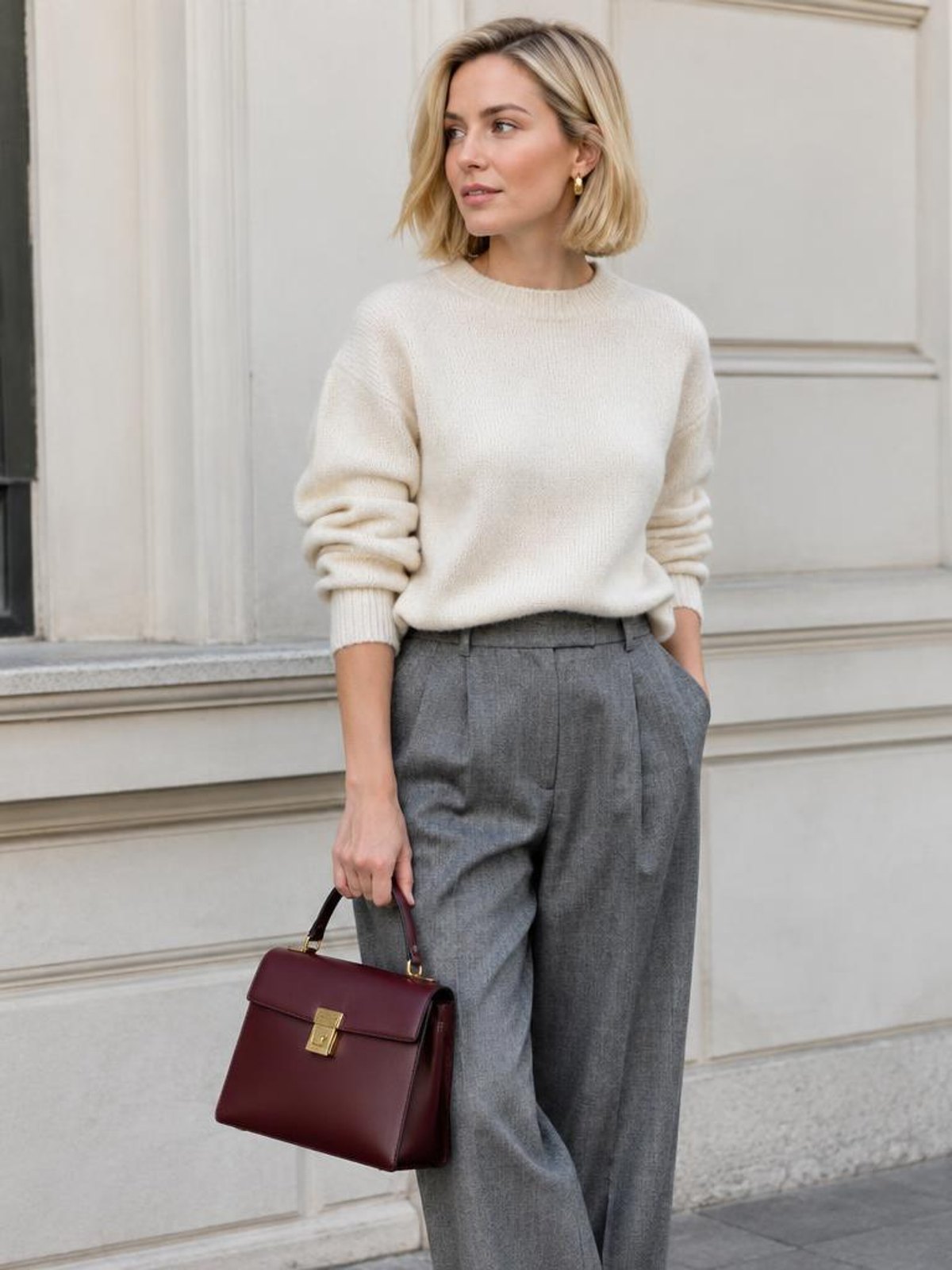 Serra Cardo Structured Day Bag in burgundy — worn by a model