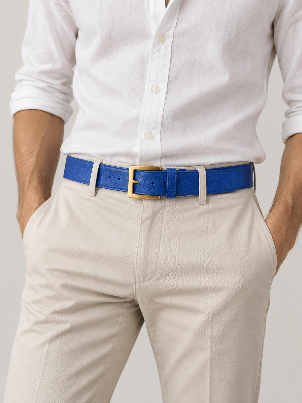 Serra Cardo Hand Stitched Leather Belt in cobalt — worn by a model