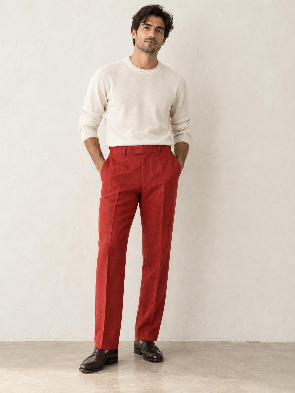 Casa Ferrante High-Rise Flannel Trouser in red worn by a model