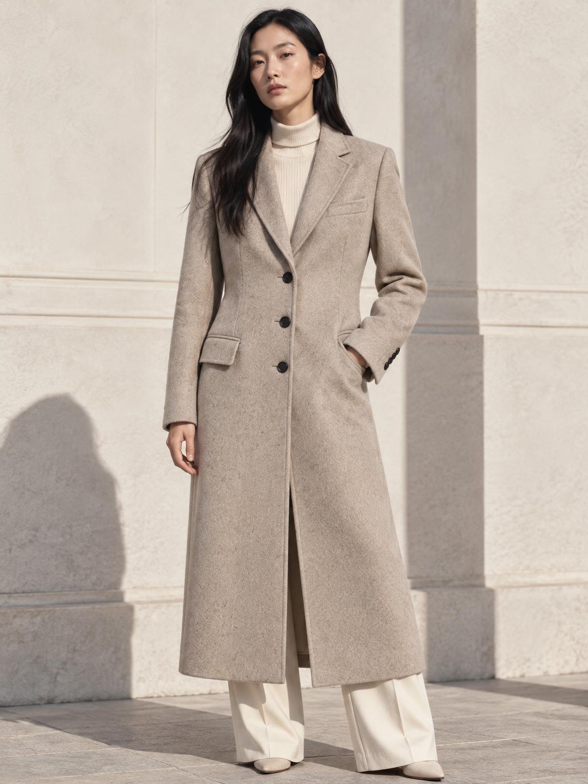 Aurelia Nord Raw Wool Long Coat worn by a model