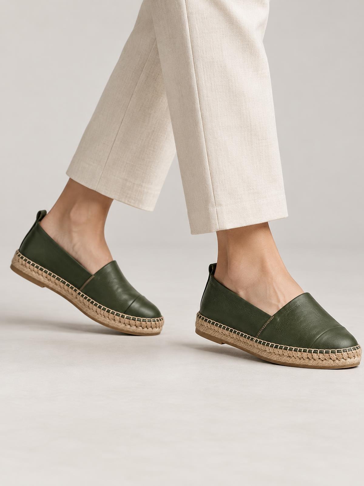 Salt Meridian Espadrille Flat in forest green — worn by a model