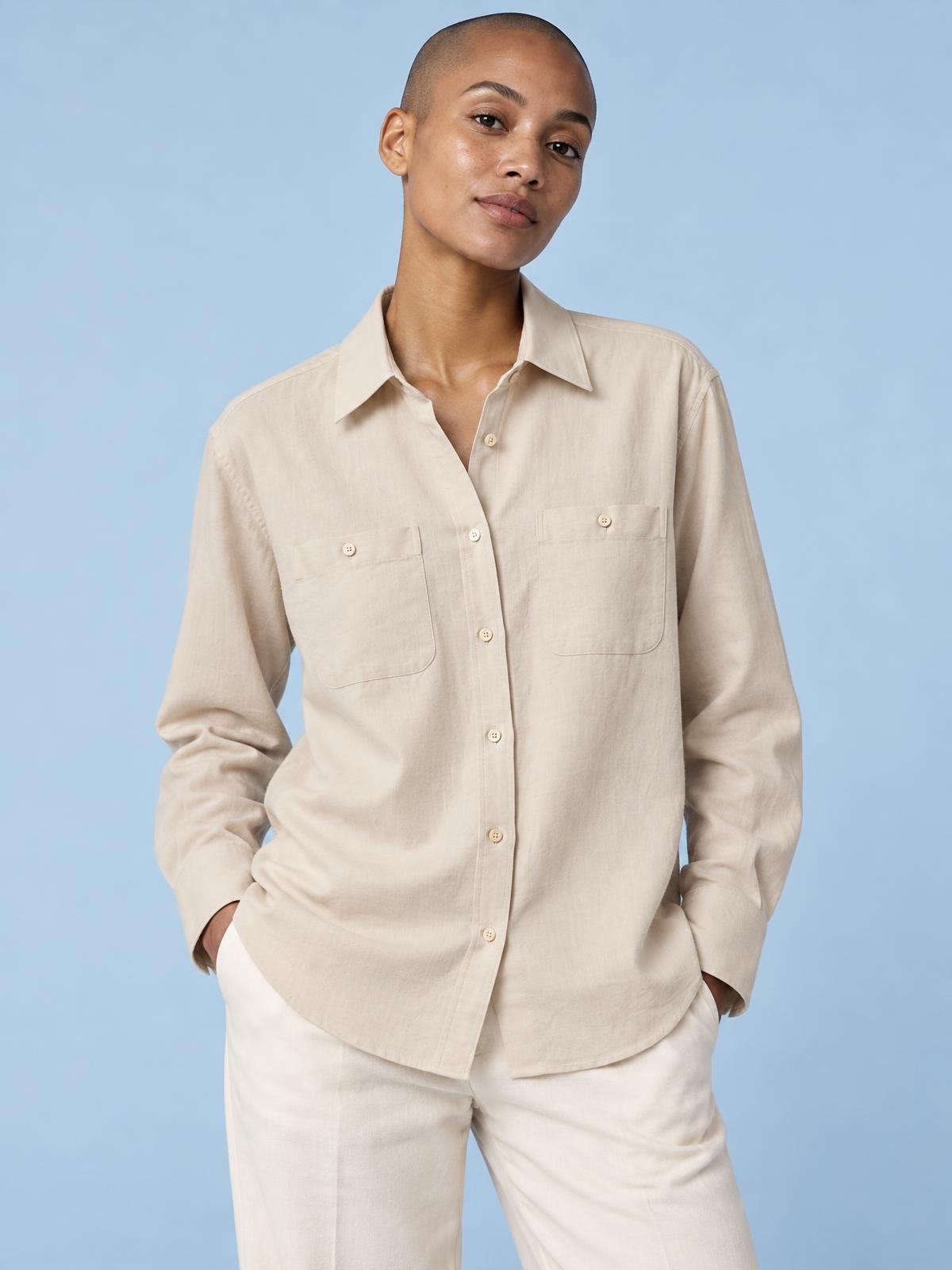 Salt Meridian Open Weave Linen Shirt worn by a model