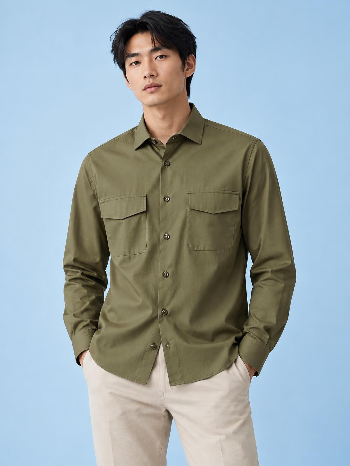 Numera Studio Poplin Overshirt in ecru worn by a model