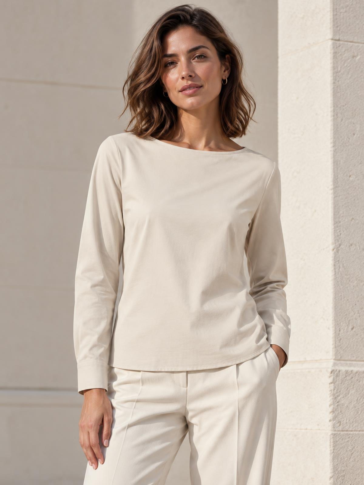 Numera Studio Jersey Boat Neck Top in ecru worn by a model