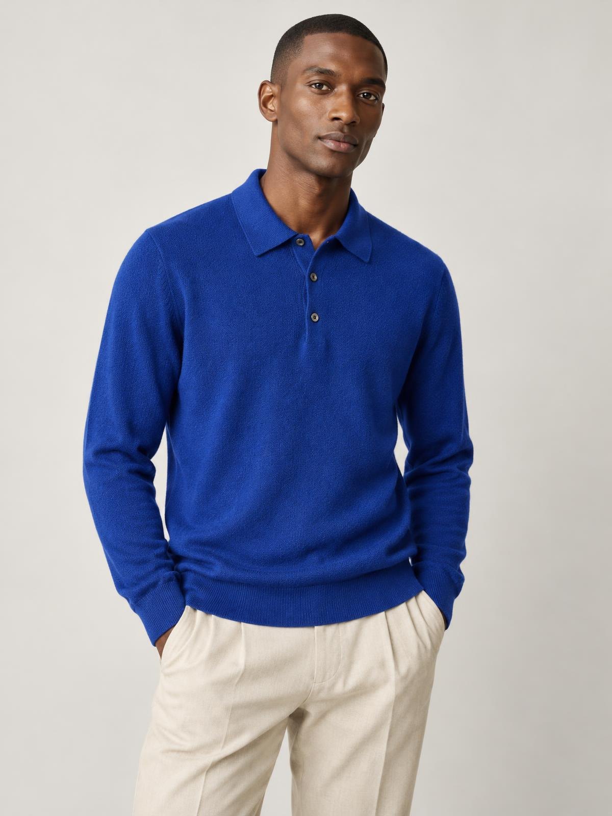Casa Ferrante Silk Cotton Polo Knit in cobalt worn by a model