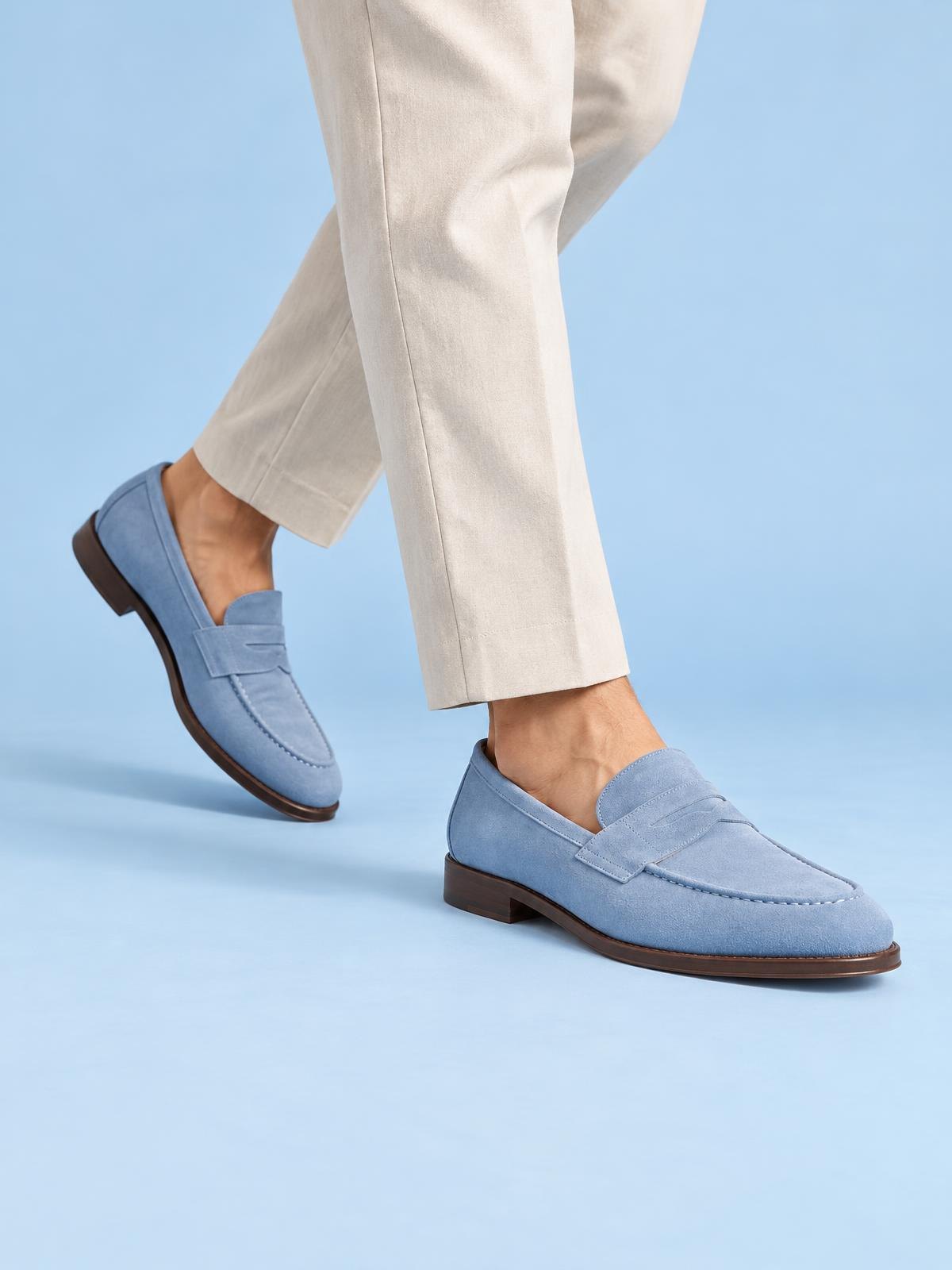 Casa Ferrante Unlined Suede Loafer in powder blue — worn by a model