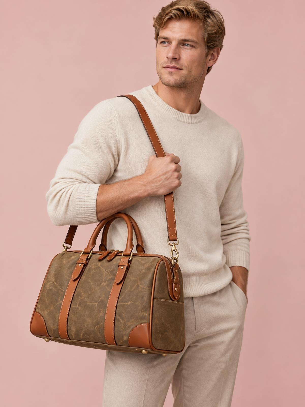 North Vessel Waxed Cotton Duffle — worn by a model