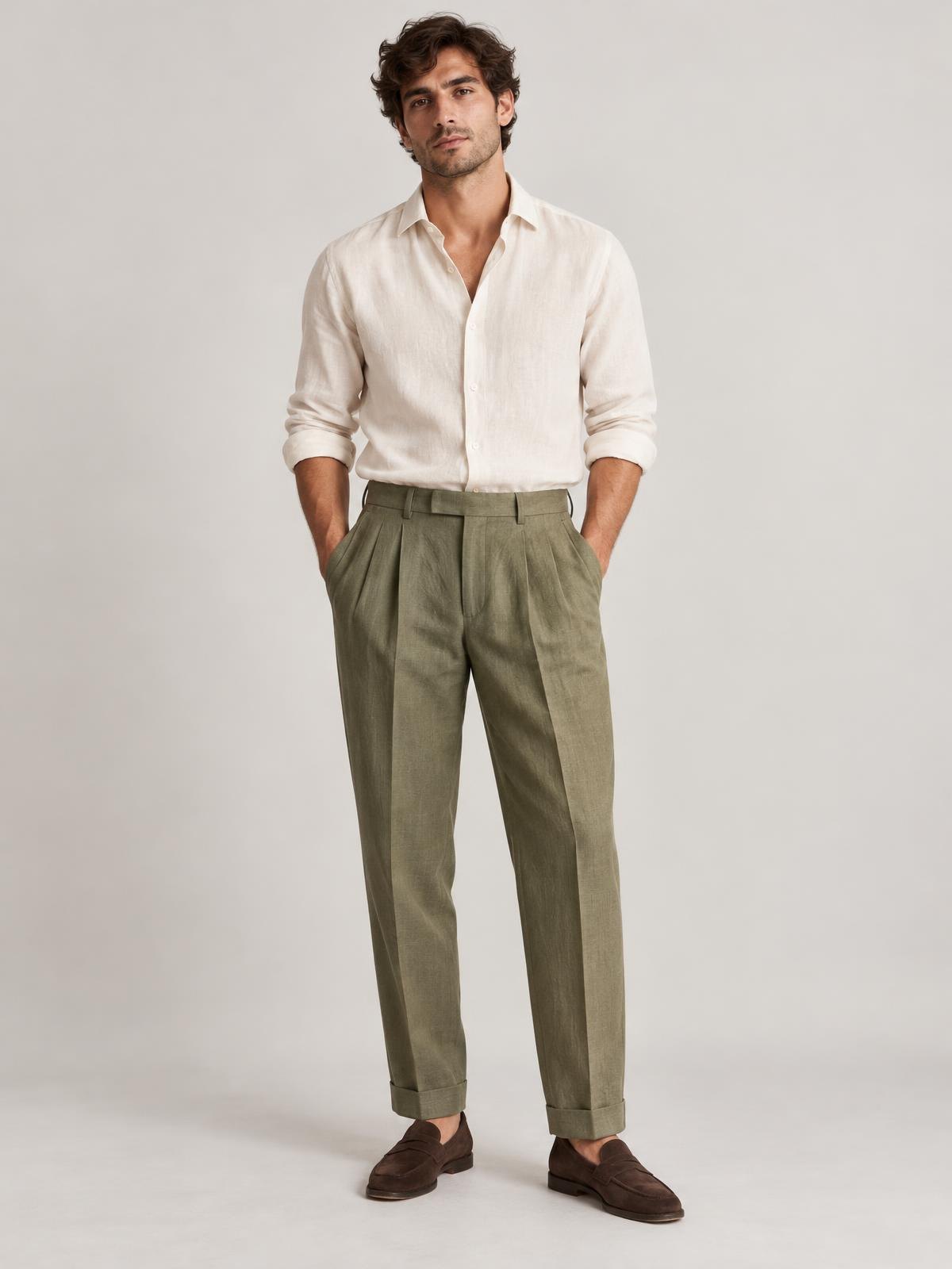 Salt Meridian Pleated Linen Trouser in olive worn by a model