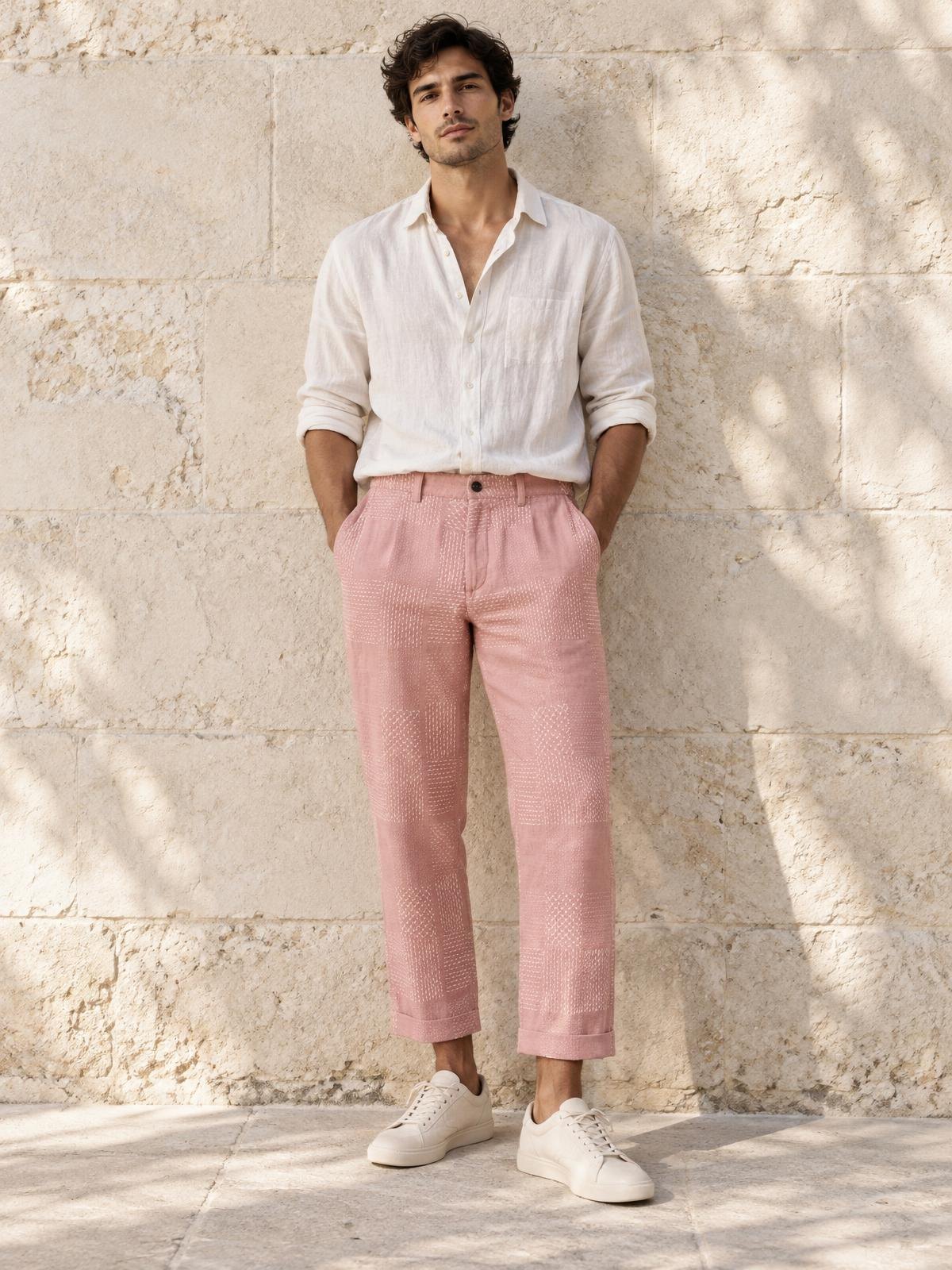 Mirai Atelier Cropped Sashiko Trouser in blush pink worn by a model