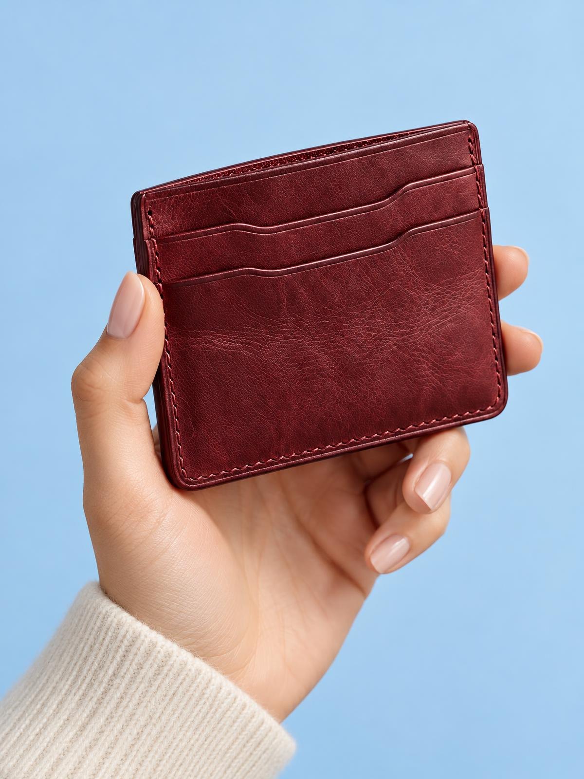 Numera Studio Everyday Card Case in burgundy — worn by a model