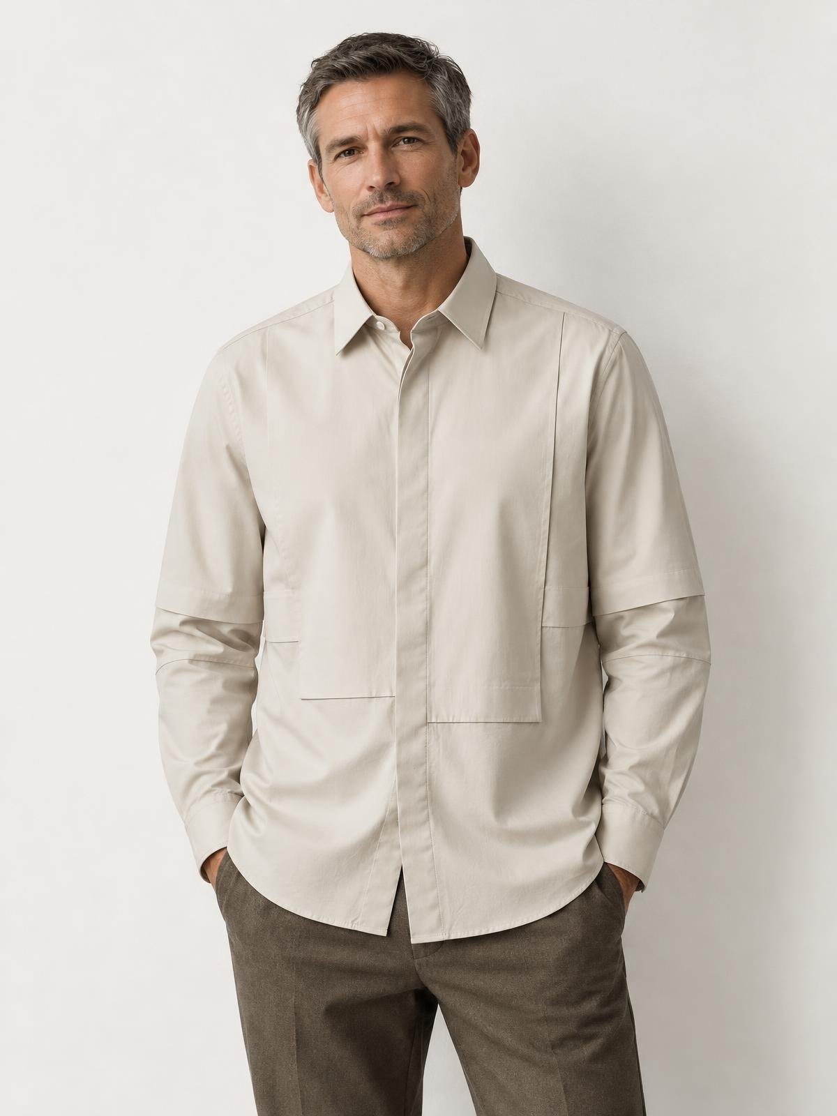 Mirai Atelier Layered Panel Shirt in indigo worn by a model
