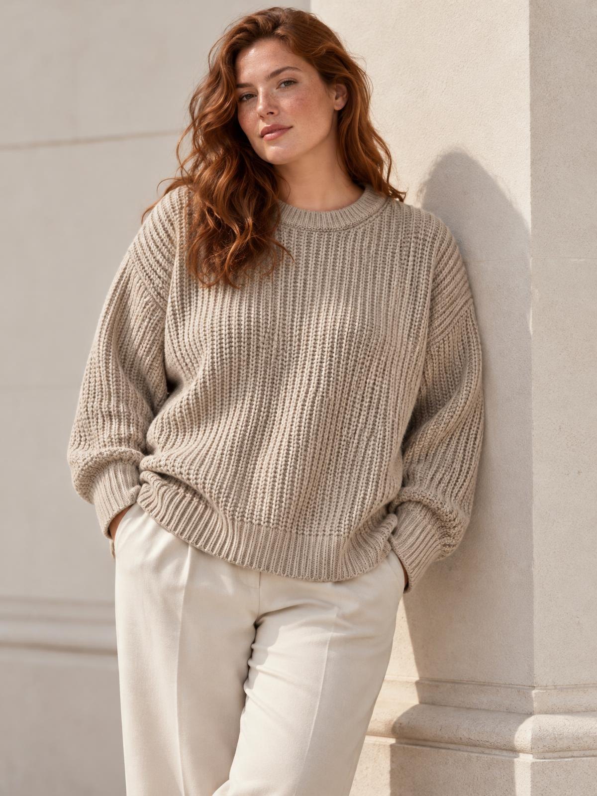 North Vessel Oversized Fisherman Knit in ecru worn by a model