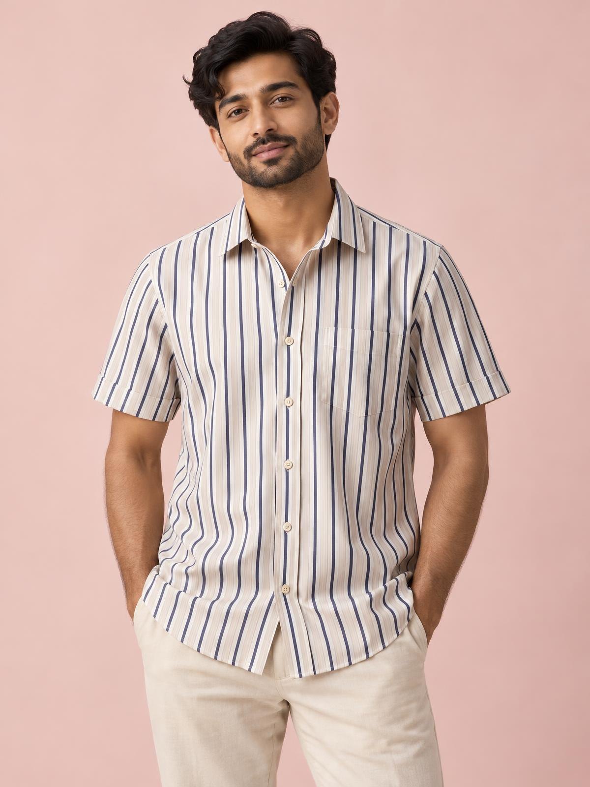 Salt Meridian Striped Resort Shirt in chalk worn by a model