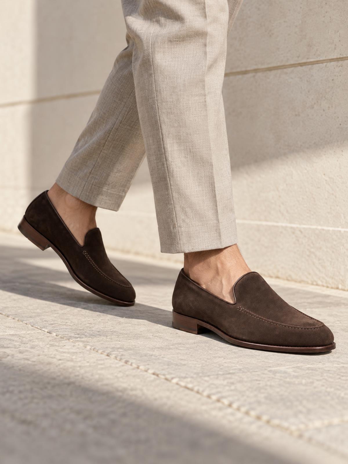 Kestrel Form Unlined Suede Loafer in black — worn by a model