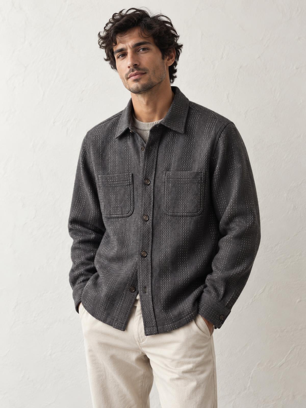 Mirai Atelier Sashiko Stitch Overshirt worn by a model