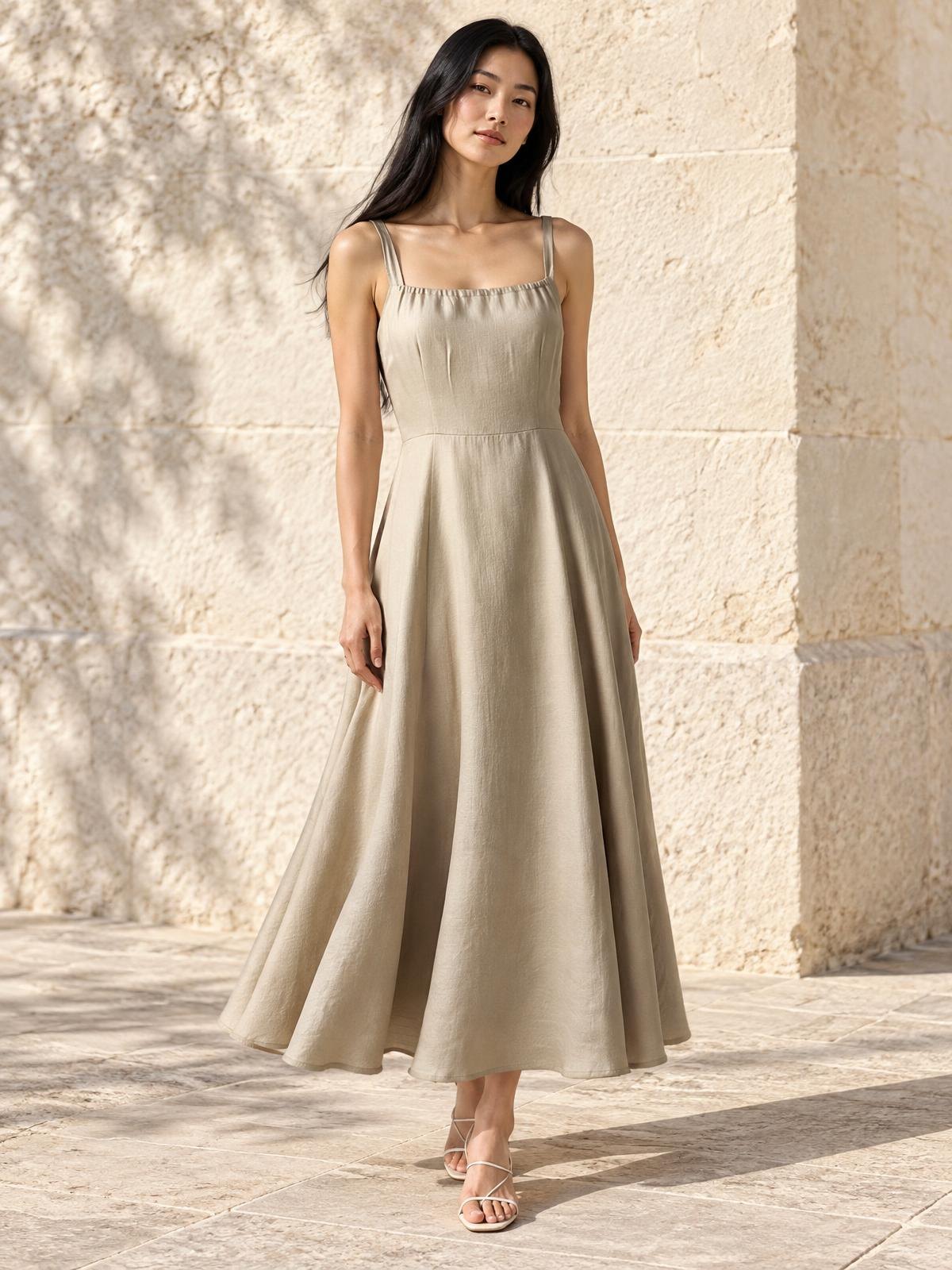 Salt Meridian Washed Linen Sundress in chalk worn by a model