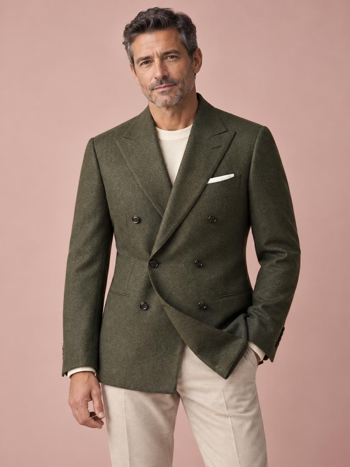 Casa Ferrante Double-Breasted Wool Jacket in olive worn by a model