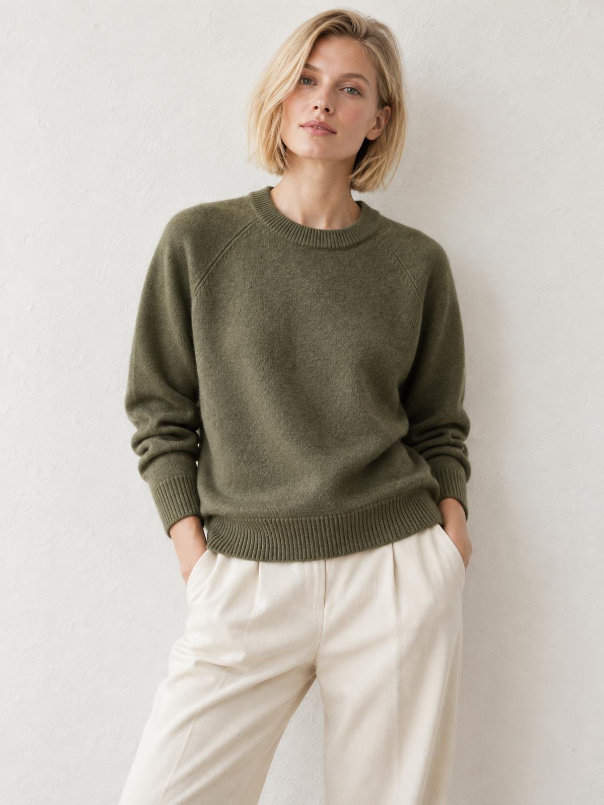 Numera Studio Merino Crew Knit in olive worn by a model