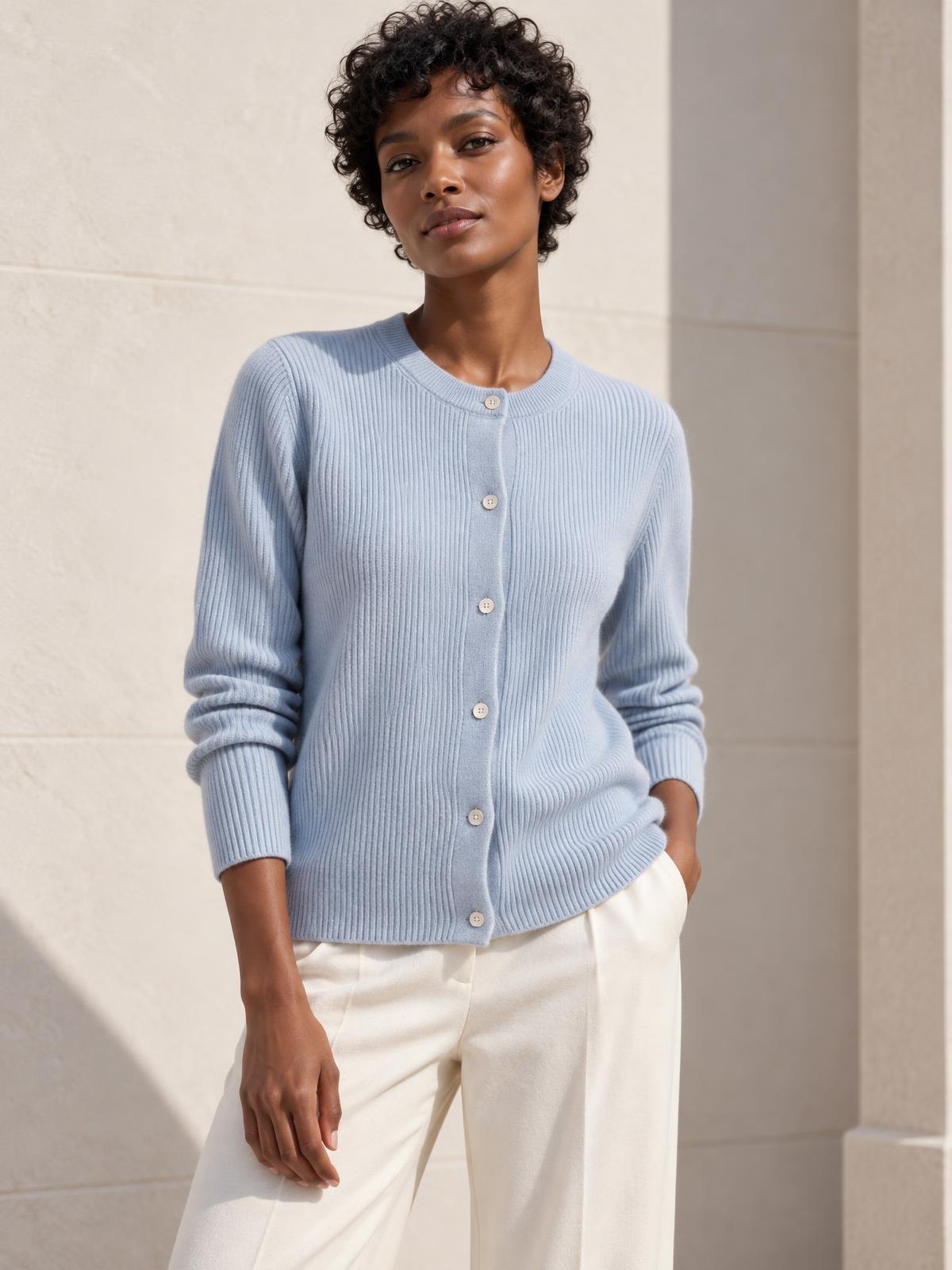 Numera Studio Cotton Rib Cardigan in powder blue worn by a model