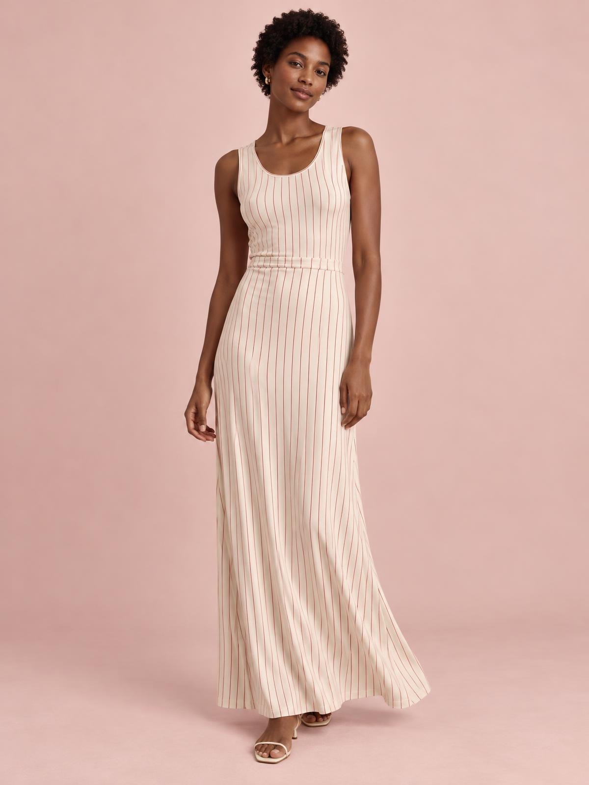 Numera Studio Jersey Column Dress in red pinstripe worn by a model