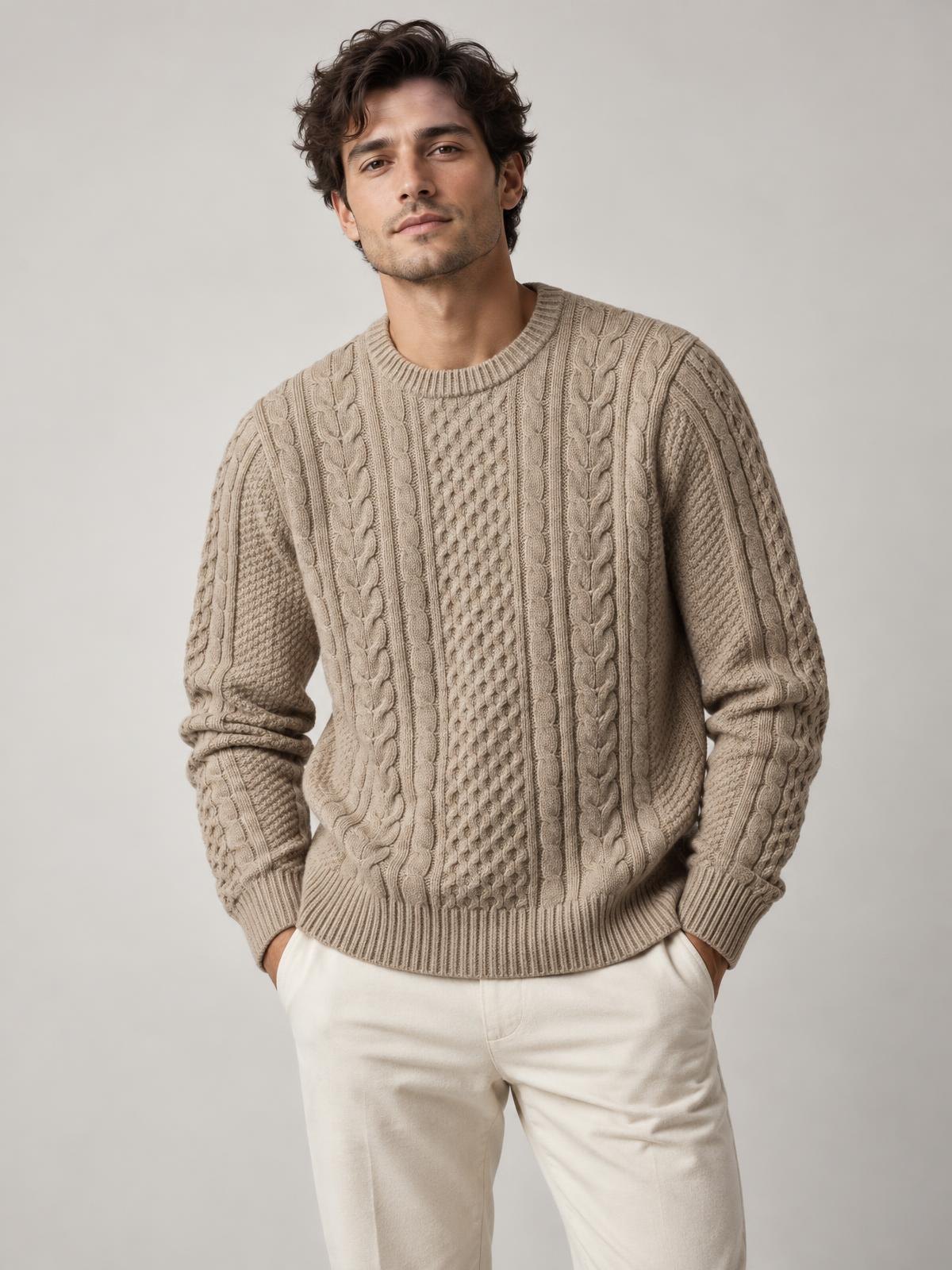 North Vessel Heavy Cable Crewneck in ecru worn by a model