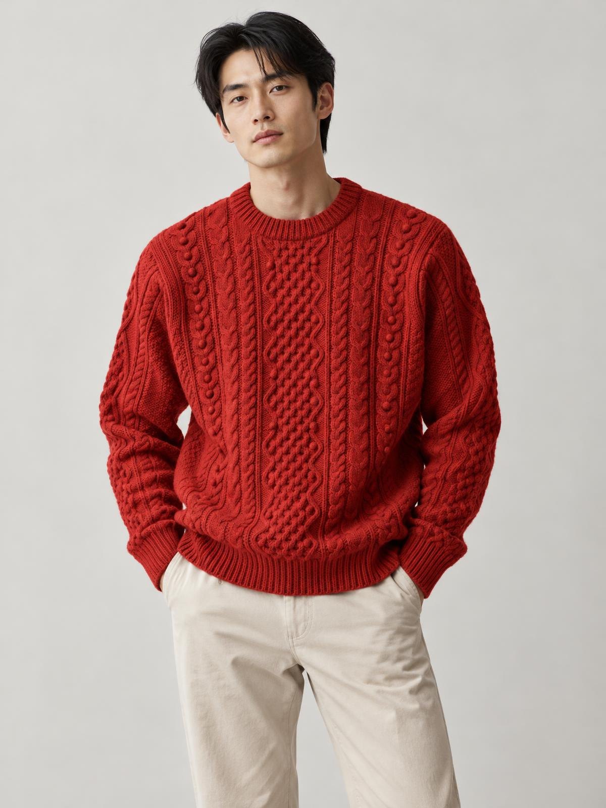 North Vessel North Atlantic Fisherman Knit in red worn by a model