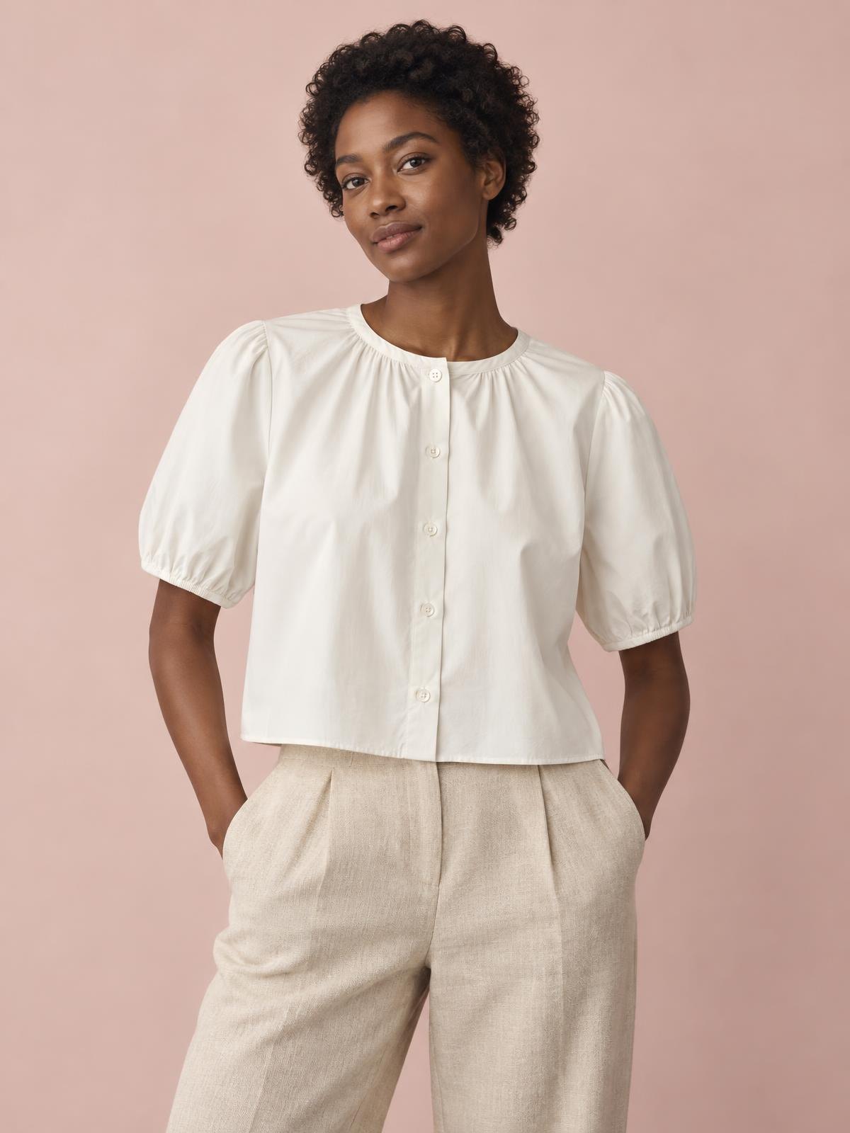 Salt Meridian Cropped Gauze Blouse in chalk worn by a model