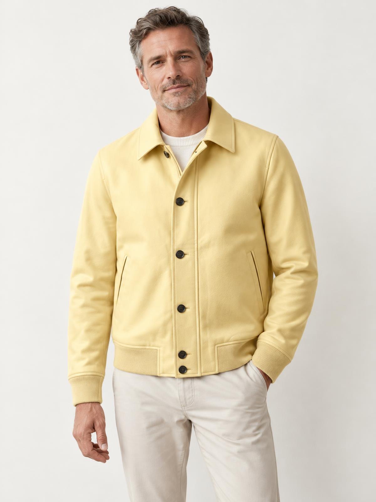 North Vessel Waxed Deck Jacket in butter yellow worn by a model