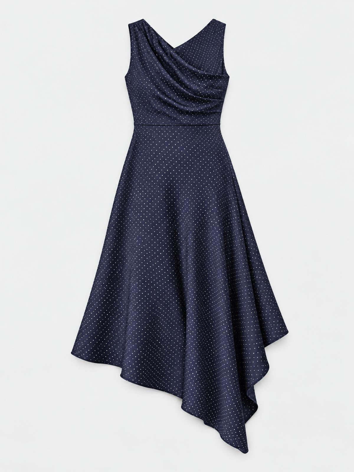Lune Boreale Asymmetric Wool Dress in navy micro dot — product view