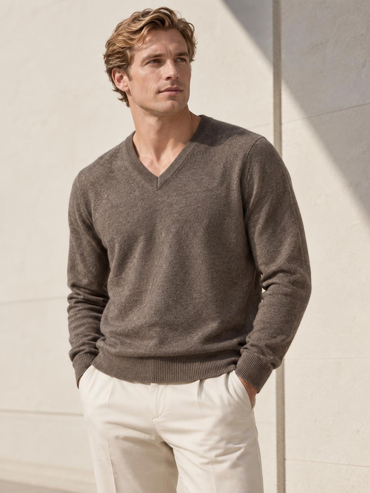 Casa Ferrante Cashmere V-Neck in ecru worn by a model