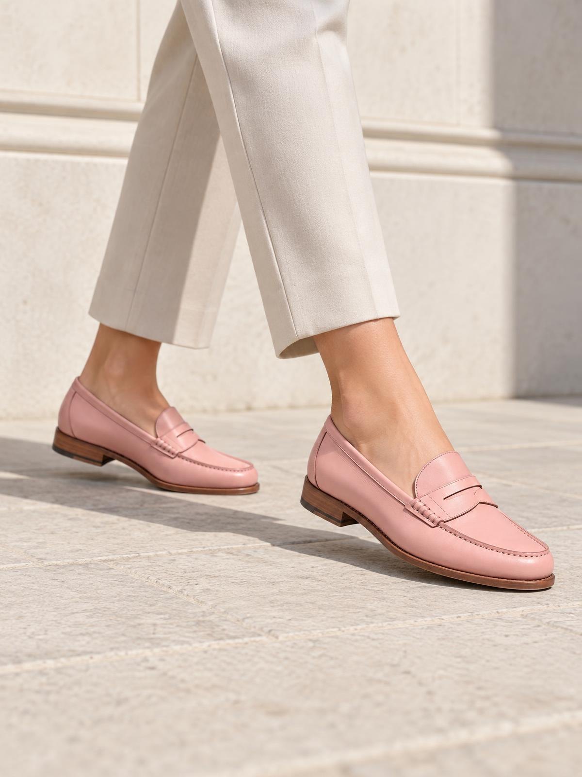 Kestrel Form Hand Lasted Leather Loafer in blush pink — worn by a model