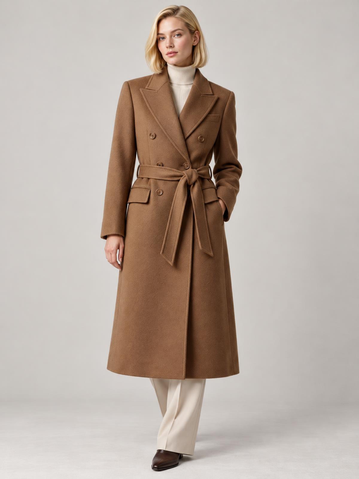 Lune Boreale Belted Wool Coat in noir worn by a model