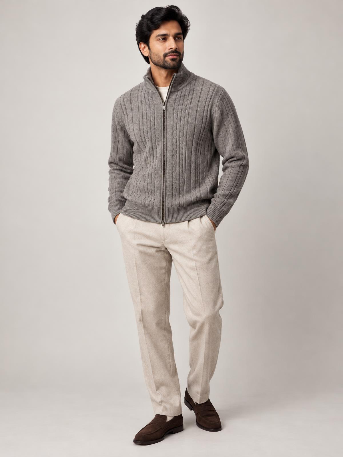 North Vessel Wool Zip Cardigan in ecru worn by a model
