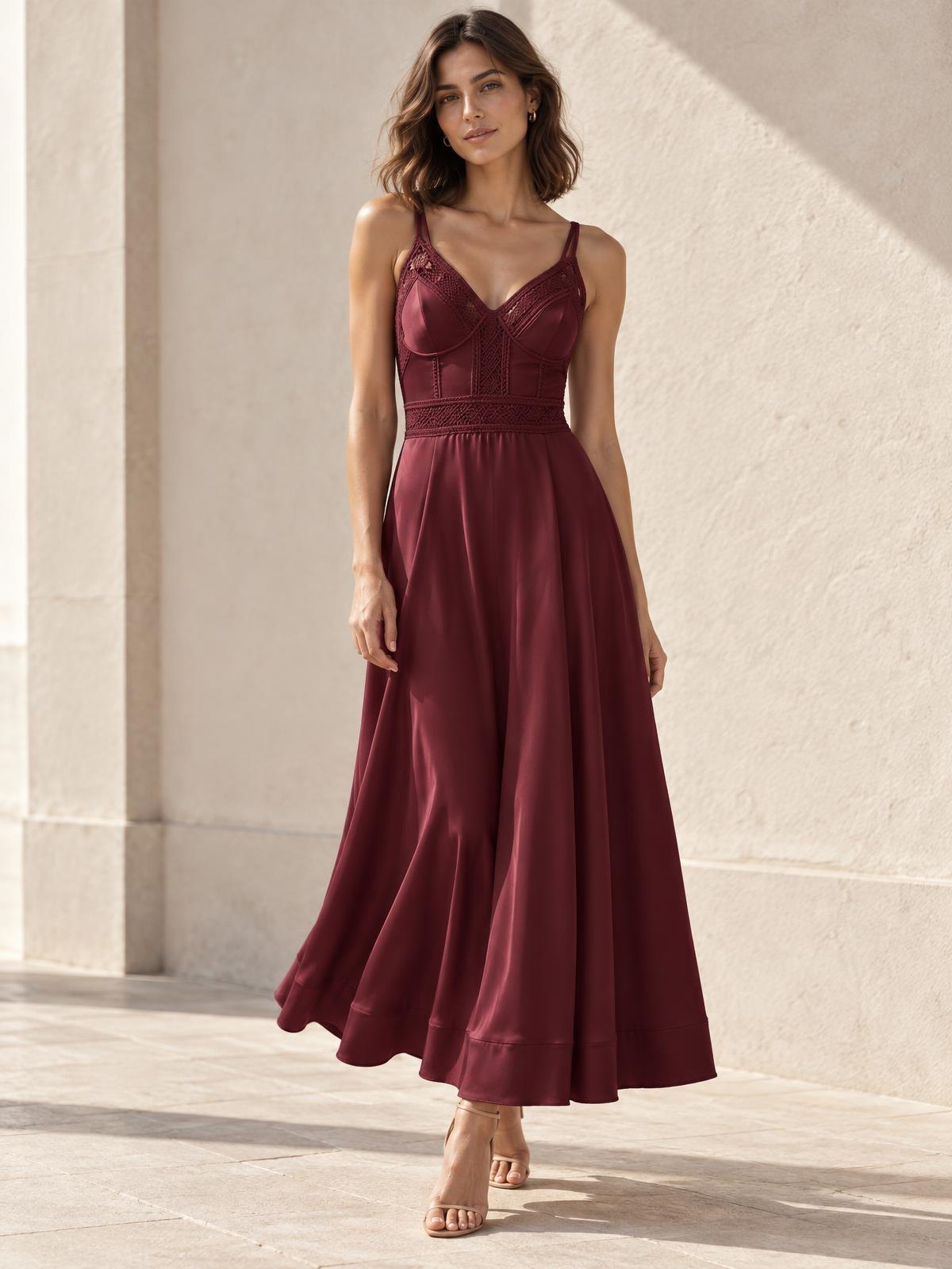 Salt Meridian Crochet Panel Dress in burgundy worn by a model