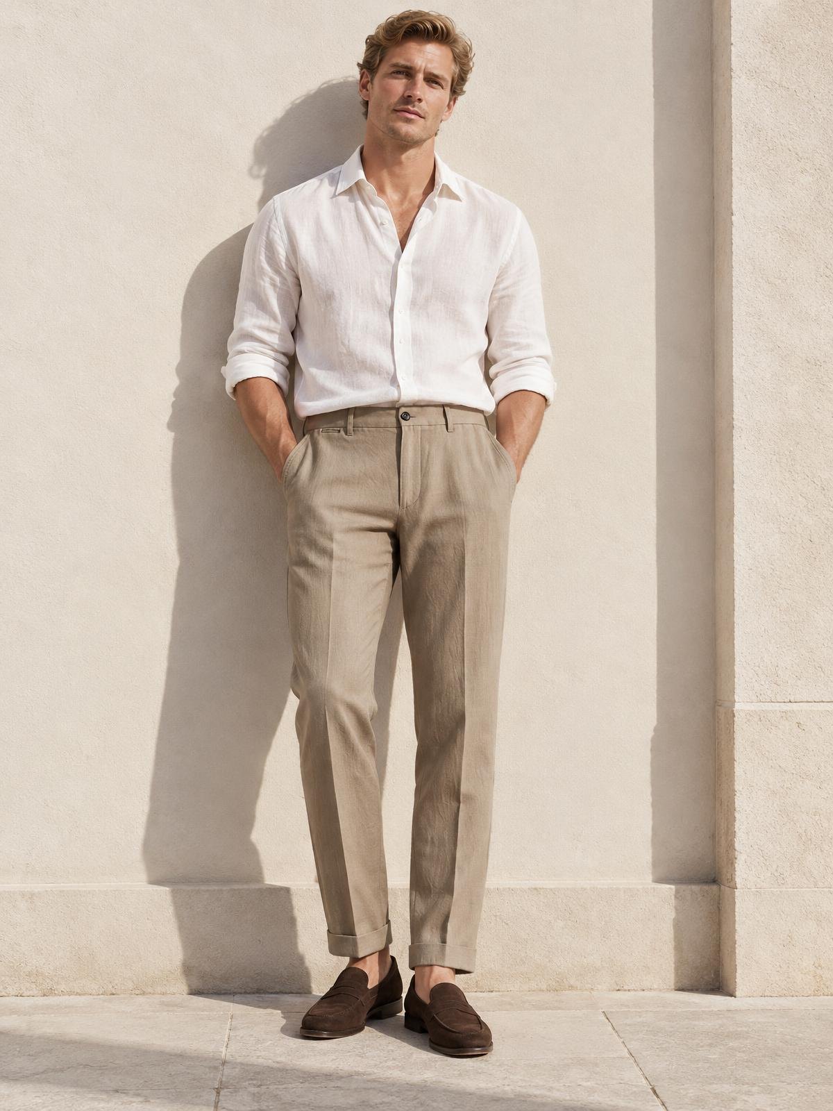 Casa Ferrante Washed Cotton Trouser in ecru worn by a model