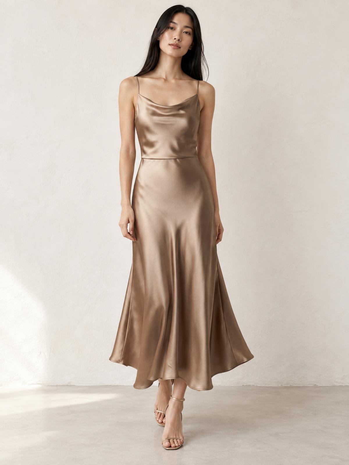Lune Boreale Bias Cut Satin Dress in noir worn by a model