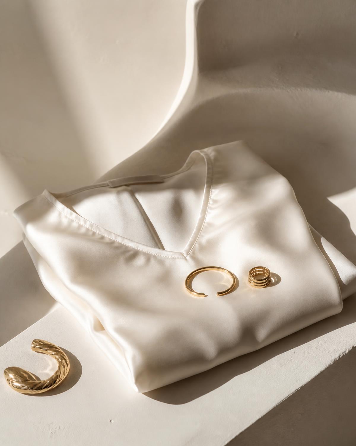 Folded ivory silk garment with minimal gold jewellery in daylight